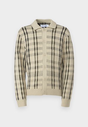 Beige knit cardigan with a collared neckline, featuring green and black vertical stripes and button closures. Textured design throughout.
