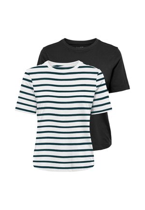 Deux t-shirts à manches courtes, un uni noir et un blanc avec des rayures noires horizontales, présentés sur fond blanc.
