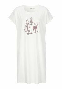 Valkoinen puuvillayöpuvun, jossa on pehmeä ja rento istuvuus. Edessä on koristeena hirvi, puita ja pieniä eläimiä haalean vaaleanpunaisissa sävyissä.