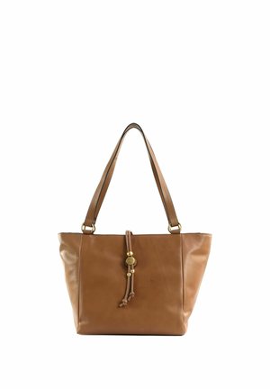 Grand sac cabas en cuir marron avec doubles bretelles et un cordon décoratif avec des perles dorées au centre devant.