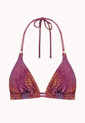 Top de bikini estampado en púrpura y naranja con tiras de cuello halter y detalles de cuentas en las correas, tela fruncida en los bordes inferiores.