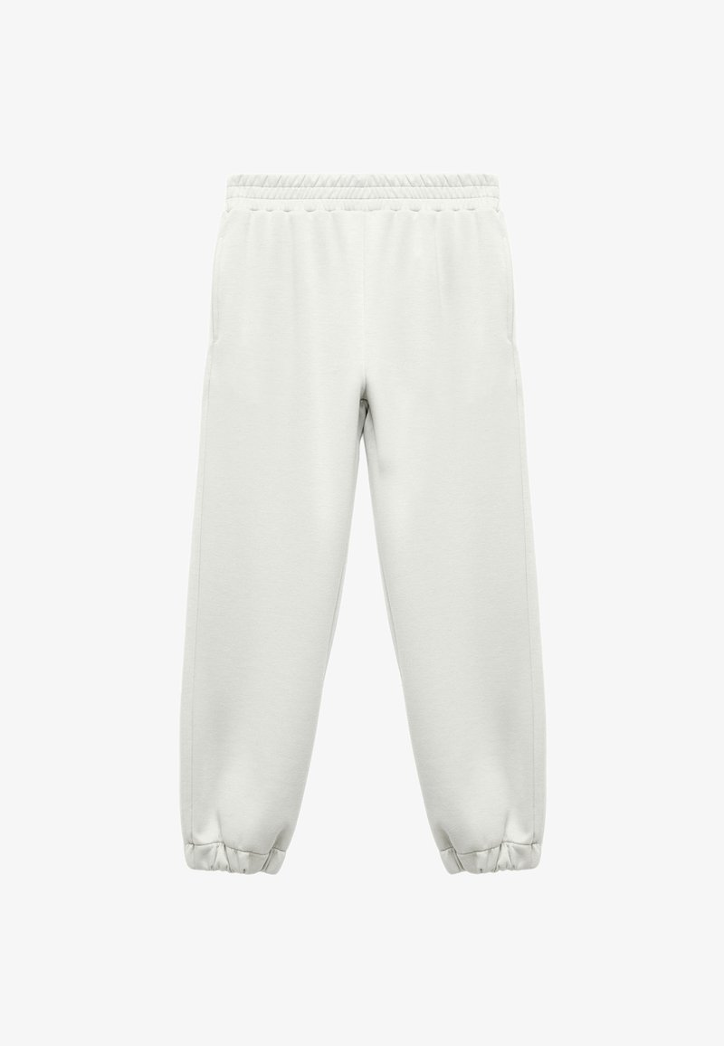 Jasnoszare dresy z elastycznym pasem, bocznymi kieszeniami i zwężanymi mankietami. Wykonane z miękkiego, teksturowanego materiału dla wygody.