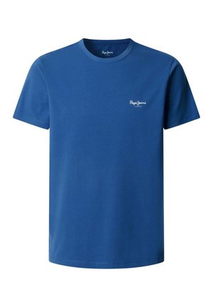 T-shirt bleu manches courtes à col rond avec petit logo blanc "Pepe Jeans London" sur la poitrine gauche.