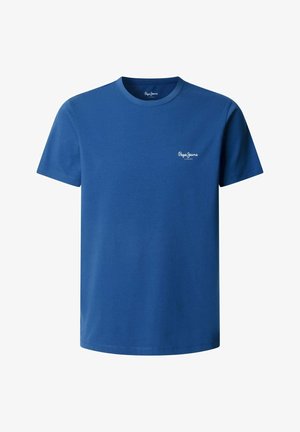 T-shirt bleu manches courtes à col rond avec petit logo blanc "Pepe Jeans London" sur la poitrine gauche.