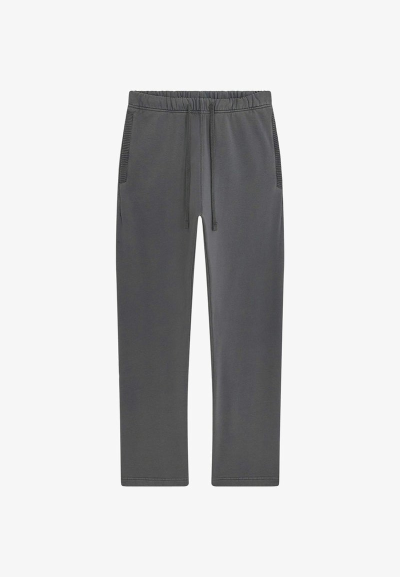 Pantalon de survêtement gris foncé avec taille élastique, cordon de serrage et détails côtelés sur les poches latérales.
