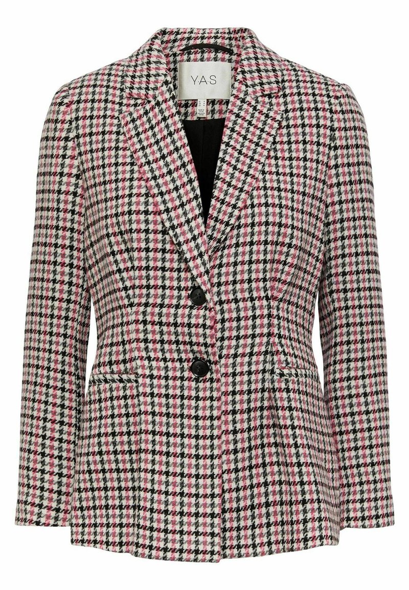 Blazer à carreaux avec un tissu texturé en rose, noir et blanc. Il comprend un col cranté, deux boutons et des poches latérales.