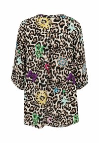 Leopardenmuster-Bluse mit bunten Blumen- und geometrischen Mustern. Verfügt über kurze Ärmel, einen lockeren Schnitt und dekorative lila Schleifen.