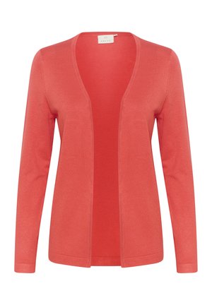 Cardigan corail avec manches longues et ouverture à l'avant. Fabriqué à partir d'un tissu léger et doux. Présente une finition côtelée le long des bords.