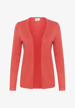 Coral cardigan with long sleeves and open front. Made from lightweight, smooth fabric. Features a ribbed trim along the edges.