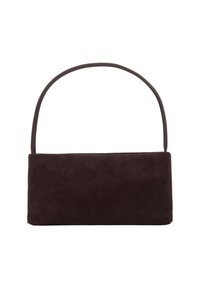 Obdélníková tmavě hnědá semišová taška se štíhlým jedním uchem, minimalistický design a žádné viditelné ozdoby.