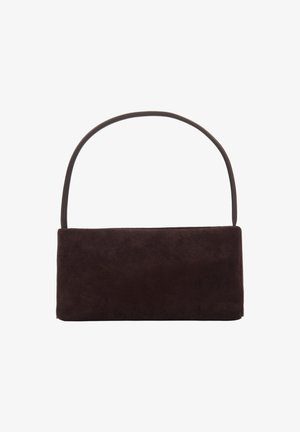 Rechthoekige donkerbruine suède handtas met een slanke enkele handgreep, minimalistisch ontwerp en geen zichtbare versieringen.