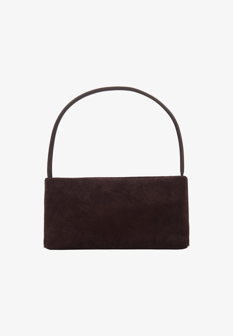 Rechthoekige donkerbruine suède handtas met een slanke enkele handgreep, minimalistisch ontwerp en geen zichtbare versieringen.