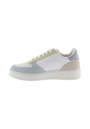 White sneaker with light blue, green, and beige suede accents. Features a smooth leather upper, round laces, and a textured rubber sole.