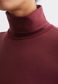 Burgundy polotröja i mjukt bomullstyg. Har en hög krage och subtila sömdetaljer på axlarna.