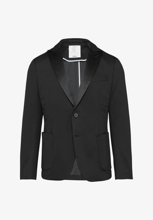 Schwarzes Sakko mit satinierter Revers, einem Knopfverschluss und zwei Fronttaschen. Maßgeschneiderte Passform mit strukturiertem Futter und subtilen Nahtdetails.