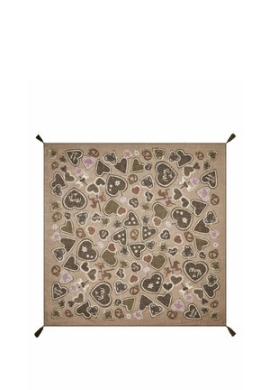 Brown square scarf with heart-shaped gingerbread, pretzels, and small figures in beige, pink, and white patterns, tassels on each corner.
