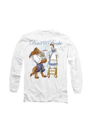 White long-sleeve shirt featuring a Beast and Belle with books, colorful illustrations, text "Don't Mind the Books," and gold ladder accent.