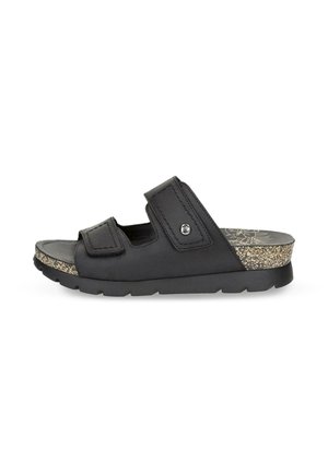 Sandalia negra tipo slide con puntera abierta, dos tiras ajustables, suela con textura de corcho y patrón floral en la plantilla.