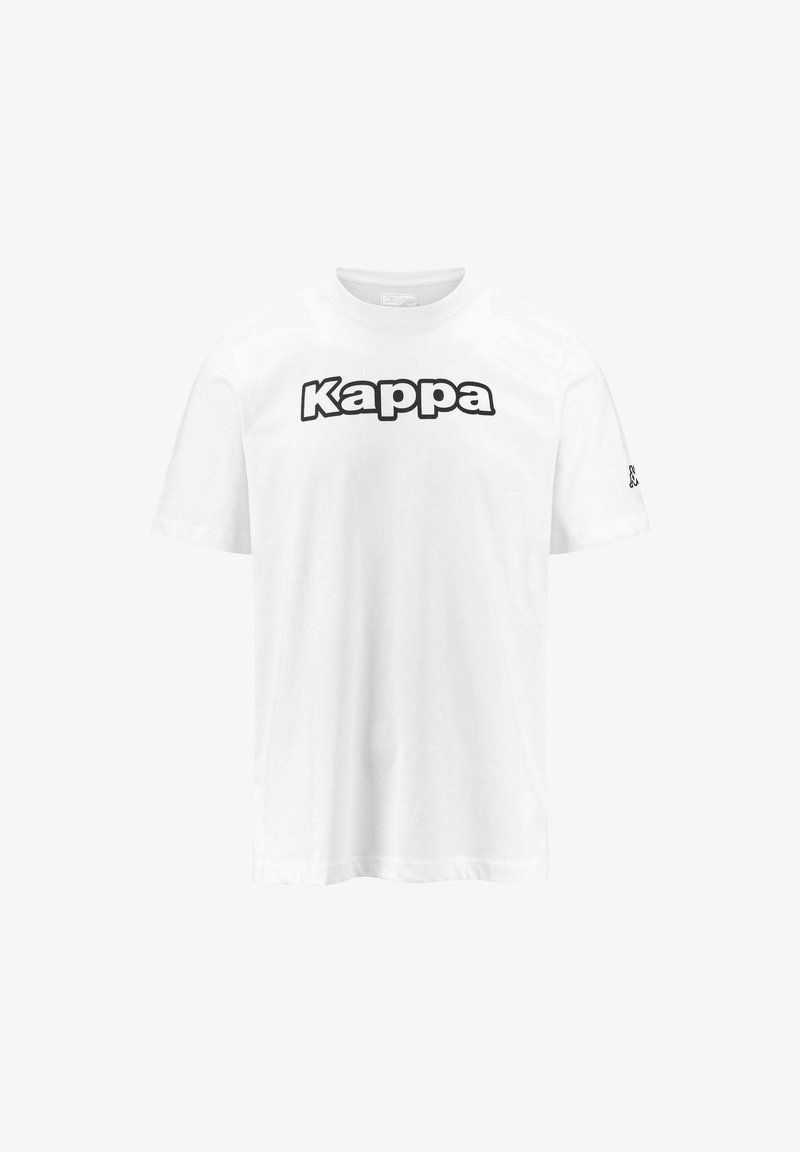 T-shirt di cotone bianco con il grande testo nero "Kappa" sul davanti e un piccolo logo sulla manica sinistra. Maniche corte e collo rotondo.