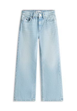 Lyseblå jeans med vide ben lavet af denim, med knaplukning, to frontlommer og en let falmet finish på stoffet.