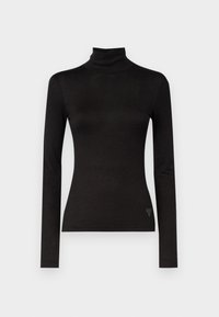 Top à manches longues noir avec col roulé, fabriqué en tissu lisse et extensible. Présente un design ajusté et un petit logo d'accent au bas.