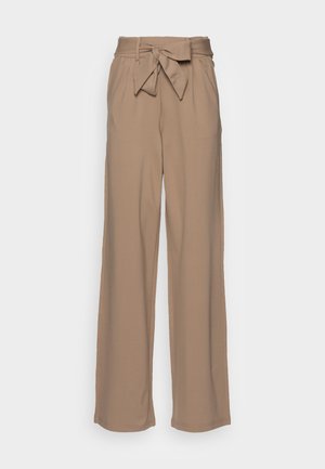 Béžové kalhoty s širokými nohavicemi a uvázaným páskem v pase. Vyrobené z hladkého materiálu, mají vysoký pas a prošité detaily.