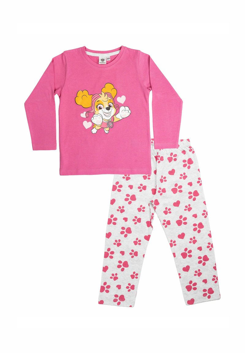 Maglietta rosa a maniche lunghe con un cane dei cartoni animati e cuori, abbinata a pantaloni grigio chiaro decorati con impronte di zampe rosa e motivi a cuori.