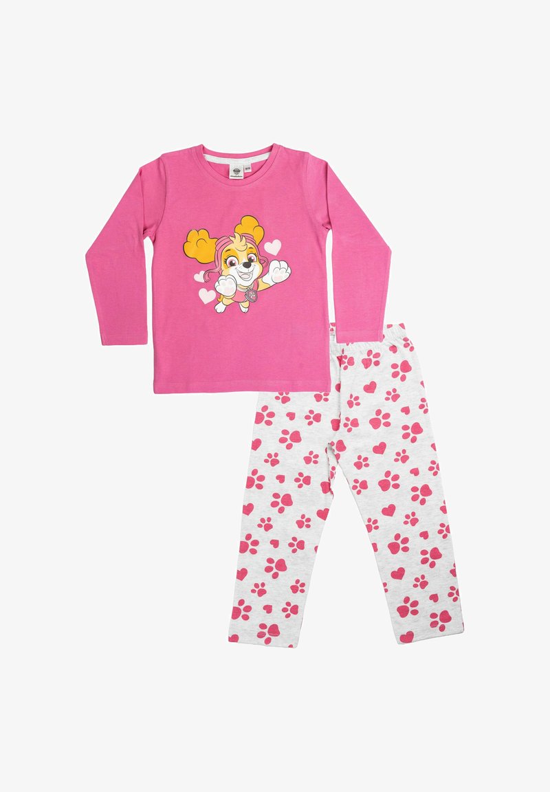 Maglietta rosa a maniche lunghe con un cane dei cartoni animati e cuori, abbinata a pantaloni grigio chiaro decorati con impronte di zampe rosa e motivi a cuori.