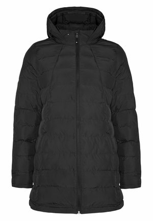 Crna puffer jakna s patentnim zatvaračem i kapuljačom. Kvačeni dizajn, duži rukavi i bočne džepove. Izrađena od izoliranog, vodootpornog materijala.