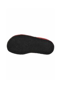 Semelle en feutre noir avec un bord supérieur rouge. La texture extérieure est lisse et plate, avec une forme courbée et des coutures contrastées le long du périmètre.