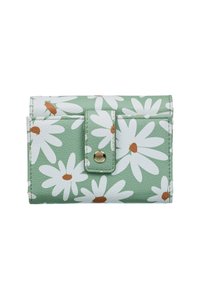 Groene bloemenportemonnee met witte madeliefjes en bruine centra. Gemaakt van textuurmateriaal, met een drukknoopsluiting en een compacte rechthoekige vorm.