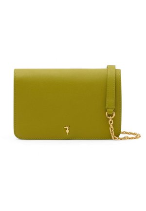 Pochette rectangulaire en cuir vert citron avec bandoulière chaîne dorée et petit emblème oiseau doré au centre devant.