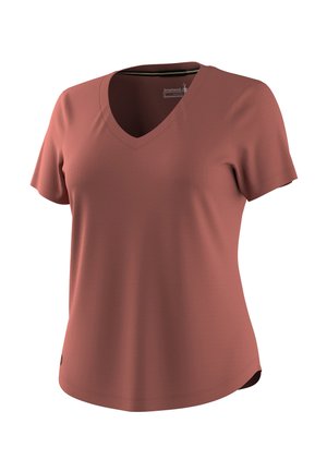 Dames T-shirt met korte mouwen, roestbruine V-hals, afgeronde zoom en gladde stof, weergegeven op een witte achtergrond.