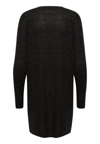 Lång svart stickad cardigan med långa ärmar, ribbade muddar och en lös passform, visad bakifrån mot en vit bakgrund.