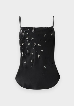 Black satin camisole with thin straps, featuring scattered beading and sequins in silver and dark shades, creating a textured pattern.