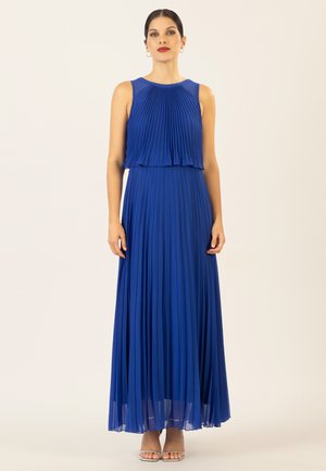 Plissiertes, ärmelloses Maxikleid in leuchtendem Blau, mit rundem Halsausschnitt und fließendem Rock. Glattes Material mit transparenten Schichten am Saum.