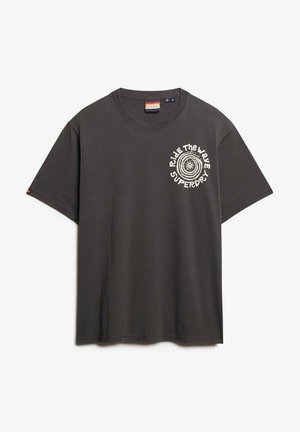 Grey cotton t-shirt with a round neck, short sleeves, and a white graphic print saying "Ride The Wave Superdry" on the left chest area.