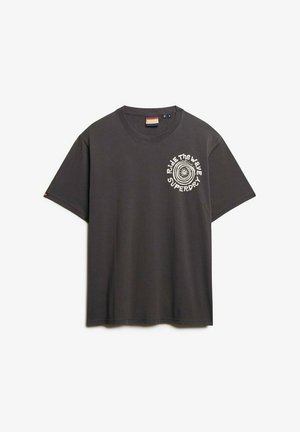 Grey cotton t-shirt with a round neck, short sleeves, and a white graphic print saying "Ride The Wave Superdry" on the left chest area.