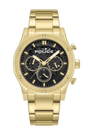 Gouden roestvrijstalen horloge met een zwarte wijzerplaat, chronograaffunctie en drie sub-dials. Heeft grote uurmarkers en een gepolijste armband.