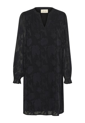 Schwarzes Kleid mit floralem Muster, langen transparenten Ärmeln, V-Ausschnitt und gerafften Manschetten. Aus leichtem, strukturiertem Stoff gefertigt.