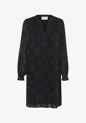 Melna ziedu raksta kleita ar garām caurspīdīgām piedurknēm, V-veida dekoltē un kroku aprocēm. Izgatavota no viegla, strukturēta auduma.