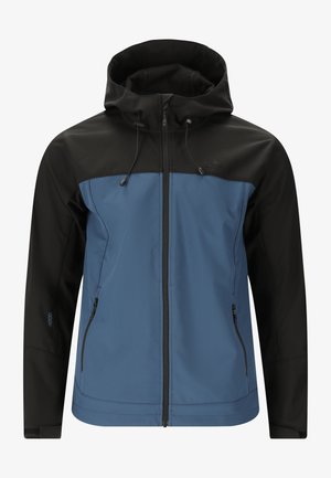vattentät jacka med ett blått och svart färgschema. Har en huva, dragkedja framtill och sidfickor med texturerad tyg.