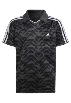 Sort Adidas kortærmet polo skjorte med mørkt abstrakt bladmønster, hvide tredobbelte striber på ærmerne og Adidas-logo på brystet.