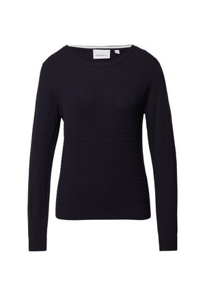 Dark navy long-sleeve sweater with a textured pattern and a crew neckline. Made of soft material, featuring ribbed cuffs and hem.