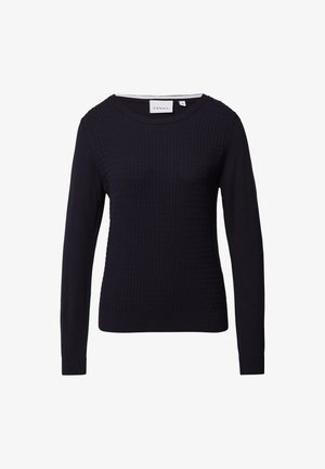 Pull à manches longues bleu marine foncé avec un motif texturé et un col rond. Fabriqué en matériau doux, avec des poignets et un ourlet côtelés.