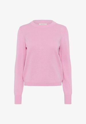 Heled roosa kudumipusa, millel on ümmargune kaelus, pikad varrukad ja ribakujulised mansetid ning äär. Omab sileda tekstuuri ja klassikalist lõiget.