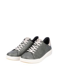 Gray leather sneakers with white laces, rounded toe, and contrasting black heel. Features subtle texture and branding on the tongue.