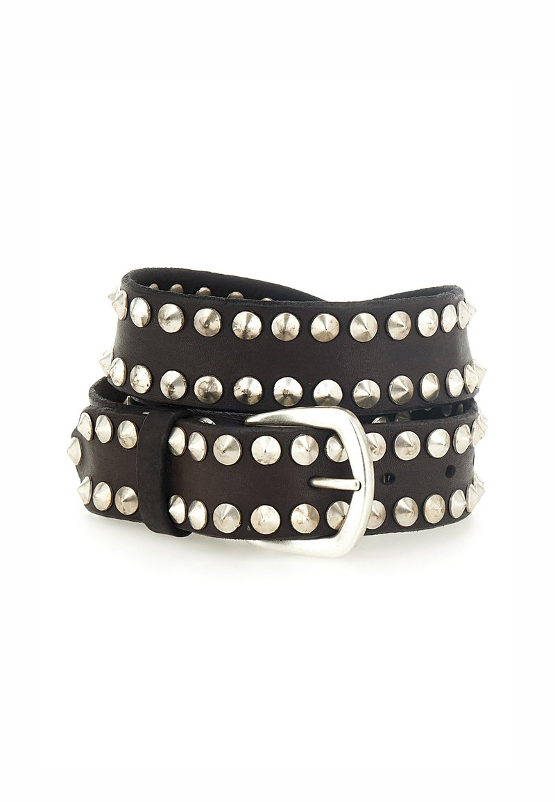 Cintura in pelle nera con borchie argento e una fibbia metallica. La cintura presenta una texture liscia con decorazioni arrotondate e appuntite.