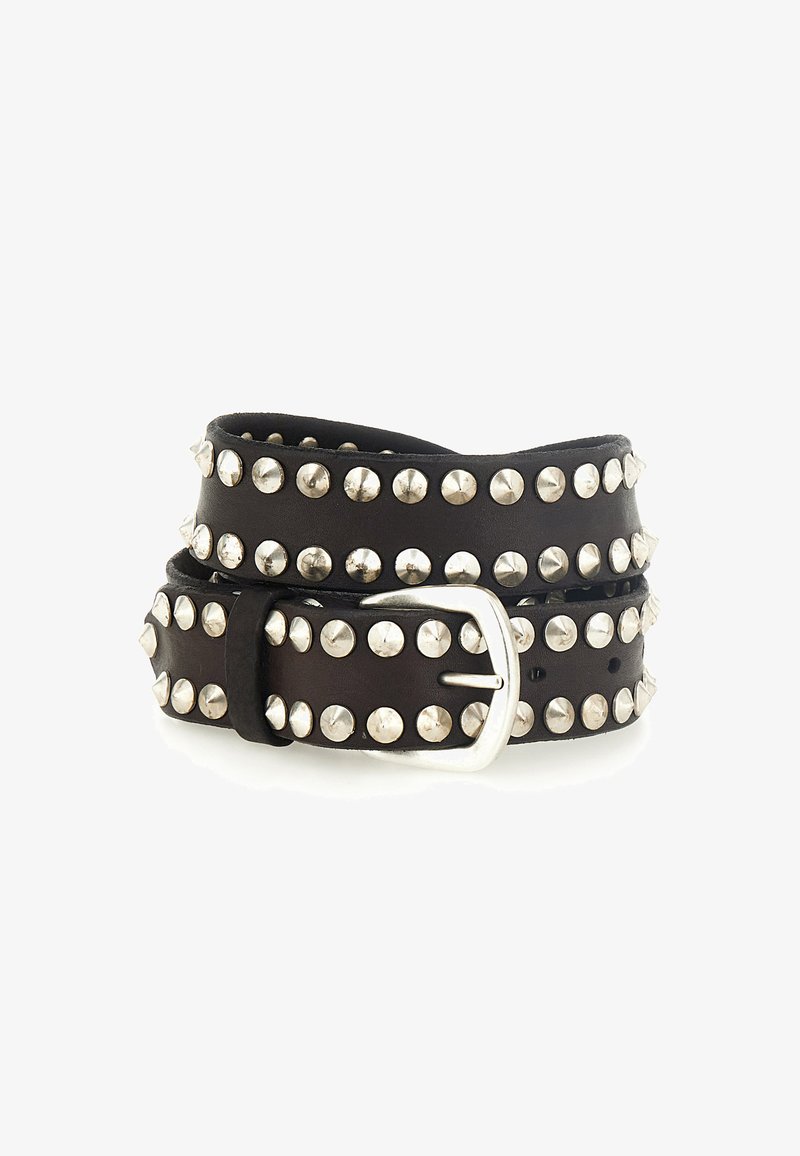 Cintura in pelle nera con borchie argento e una fibbia metallica. La cintura presenta una texture liscia con decorazioni arrotondate e appuntite.