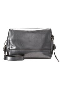 Szara skórzana torebka na ramię z regulowanym paskiem, prostokątnym kształtem, błyszczącą teksturą oraz wytłoczonym logo marki na przodzie.